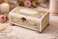 Vintage Hand Painted Floral Wooden Jewelry Box with Mirror Cottage Chic