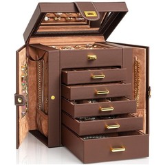 6-Tier Jewelry Box Organizer with Mirror – Brown