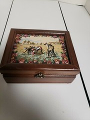 Vintage dark Wood jewelry box w/padded tapestry top 8.5X3.5X6.5″. Made in Japan