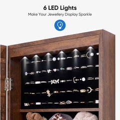 JHK Full Length Mirror Jewelry Cabinet w/ 6 LED Lights,Wall Mounted/Door Hanging