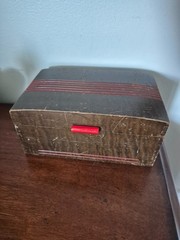 Vintage Wood Jewelry box with red handle and red engraved stripes