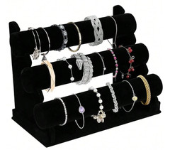 Velvet Bracelet Holder 3 Tier – Black Jewelry Display Stand for Watches Bangles