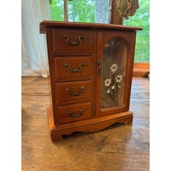 Vintage Wooden Jewelry Box Armoire 4 Drawers Glass Door Floral Mirror Carousel
