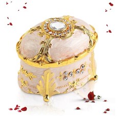 Jeweled Sparkly Gold Oval Beige Enamel Jewelry Box 3 1/2″ Red Lining