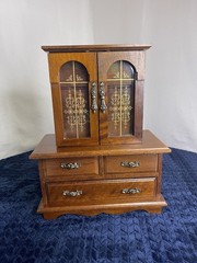 Vintage 6 Drawer Jewelry Chest, 2 Doors, Wood 15”x 11 3/4” X 6”