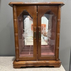 Vtg Powell Wood Jewelry Box Armoire Etched Glass Wheel Mirror Made Taiwan VGC!