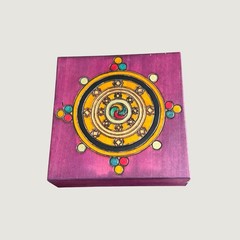 Vintage Polish Hand Carved Wooden Trinket Box Purple Mandala Design