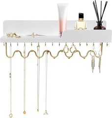 Hanging Jewelry Organizer With 29 Hooks And Cosmetics Shelf Modern Wood Wall
