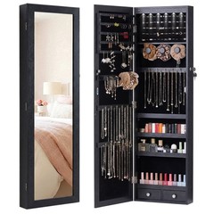 JHK Full Length Mirror Jewelry Cabinet w/ 6 LED Lights,Wall Mounted/Door Hanging