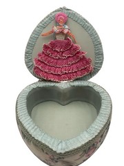 Heart-Shaped Floral Fabric Jewelry Box With Crocheted Lady Pink & Mint Green 7″