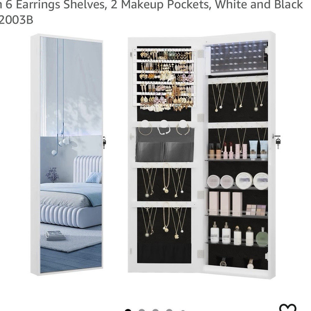 Mirror Jewelry Organizer w/8 LEDs, Lockable Wall/Door Mount