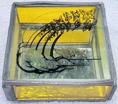 Vtg Stained Yellow Green Swirl Glass Jewelry Trinket Box Flying Butterfly Image