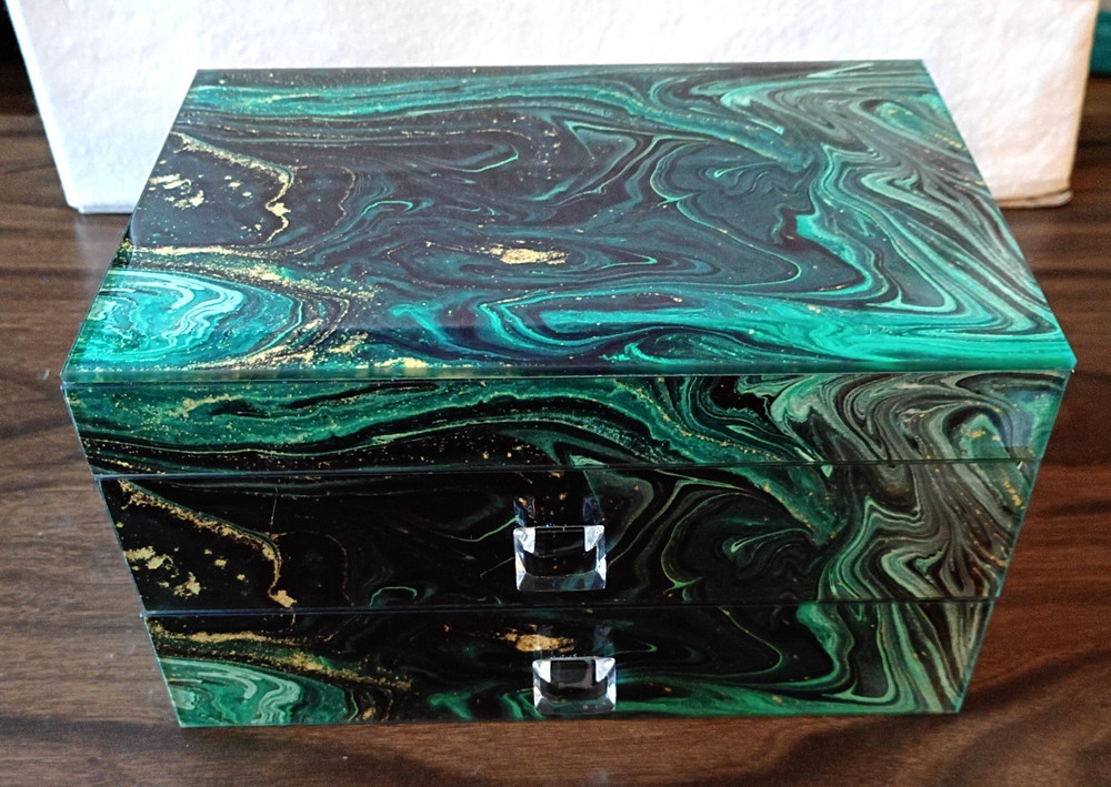 ~ Glass Jewelry Box Green & Gold Agate Swirl Pattern ~ 1 Drawer ~ Hinged Lid ~