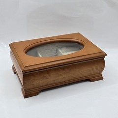 Vintage Small Wooden Jewelry Box With Etched Flower Design On Oval Glass Top