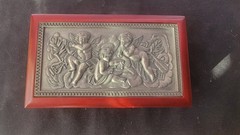 Vintage Angels Cherub Wood & Pewter Metal Lid Jewelry Trinket Box Hinged Velvet