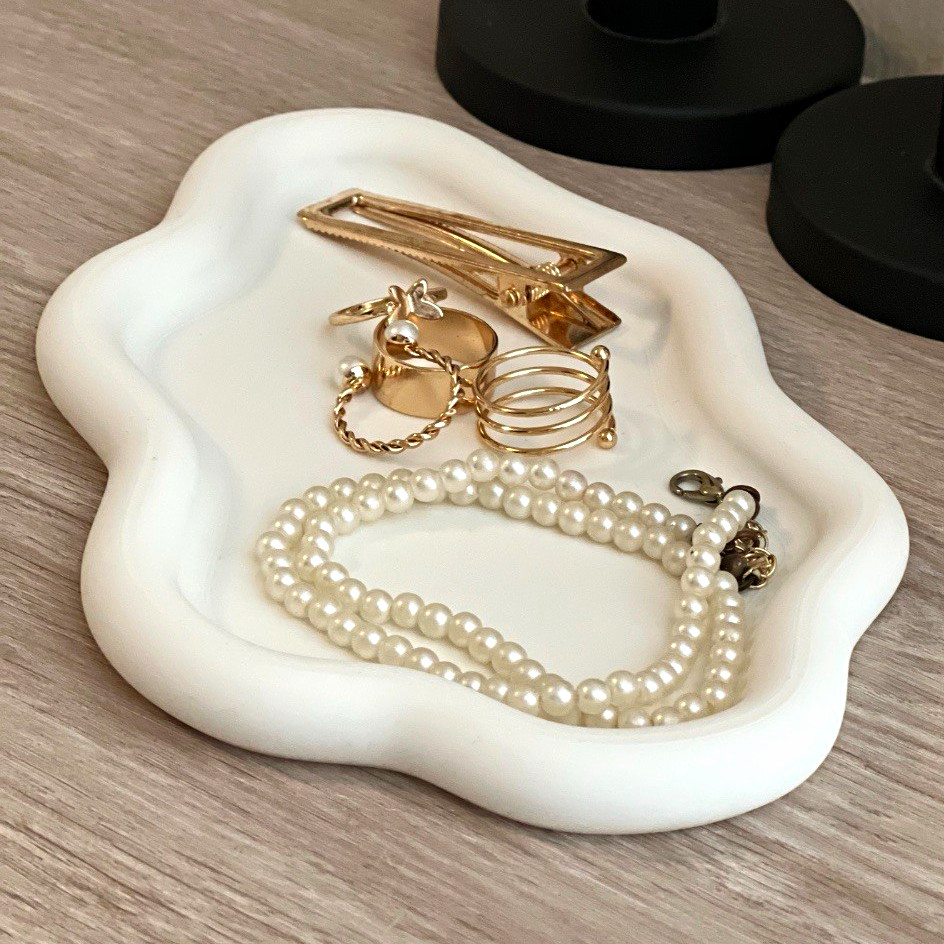 White Ceramic Decorative Jewelry Organizer Tray, Ring Earring Necklace 4pc