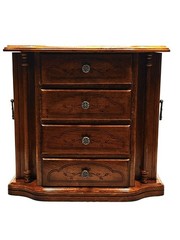 Wood Jewelery Box 4 Drawer With Glass Side Swing Doors. Vintage Mele?