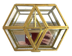 Glass & Brass Box Vintage Beveled Mirrored Bottom Footed W/Hinged Lid