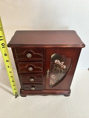 Wooden Jewelry Armoire Box 4 Drawers Necklace Carousel Ring Holder Floral Mirror