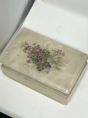 Vintage Alabaster Style Stone Jewelry Trinket Box Floral Hinged Gold Tone Trim