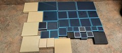 Various Size Jewelry Display Boxes JTV Gold Black Blue Striped With Inserts