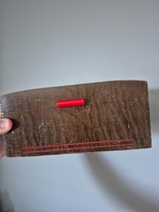 Vintage Wood Jewelry box with red handle and red engraved stripes
