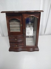 Vintage Jewelry Box Chest 2 Etched Glass Doors 2 Drawers
