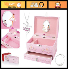 Kids Musical Jewelry Box with Drawer & Ballerina Theme – Swan Lake Tune, Pink