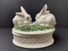 Vintage Italian Hand Painted Mojalica Oval Box with Rabbits and Grass
