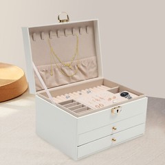 3-Tier Jewelry & Watch Box Organizer With Lockable Drawer White PU
