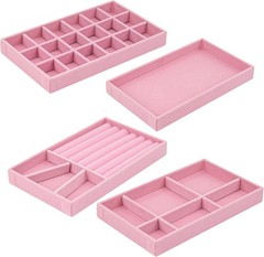 4 Pack Velvet Jewelry Organizer for Drawers Inserts Pink Stackable Earrings