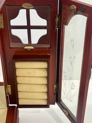 Vintage Wooden Jewelry Box 5 Drawers Cherry Finish Double Etched Glass Doors