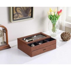 12 in. Brown Leather-like covered Tempered Glass Men Valet Box