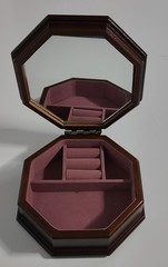 Vintage Hexagon Wooden Jewelry Box Hinged Lid Mirrored Tapestry Cushion Top