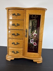 Vintage Wooden Armoire Style 5 Drawer Jewelry Box W/Mirror Hand Painted Floral