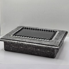 VTG Aluminum Foil Metal SILVER Tone JEWELRY Trinket BOX Handmade Glass Top INDIA