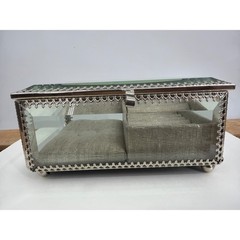 Nicole Miller Home Glass Jewelry Box Silver Filigree Beveled Ring Organizer