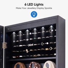 JHK Full Length Mirror Jewelry Cabinet w/ 6 LED Lights,Wall Mounted/Door Hanging