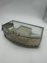 Rachel Roy Designer Jewelry Box Center Ring Holder Beveled Glass Silver Tone