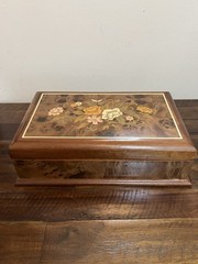 Vintage Wooden Jewelry Box Floral Design Red Velvet Lining Mirror Compartments
