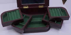 WOODEN JEWELRY BOX WITH SWING OUT DRAWERS, INSIDE MIRROR, 5 COMPARTMENTS