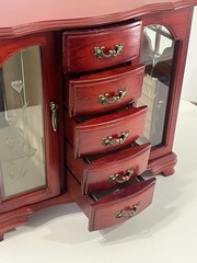 Vintage Wooden Jewelry Box 5 Drawers Cherry Finish Double Etched Glass Doors