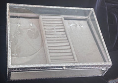 Pottery Barn Jewelry Box Glass Silver Embossed Metal Trim Etched Letter L