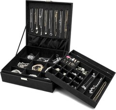Velvet Jewelry Box Organizer For Women -Black | 2 Layer Jewelry Display Storage