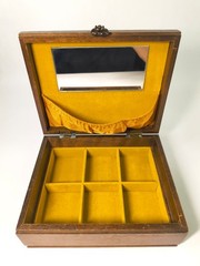 Vintage Wood Jewelry Box w/Tapestry Lid, Velvet Lining, Mirror, Compartments