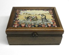 Vintage Tapestry & Wood Jewelry Box Pastoral Farm Scene Cottagecore Folk Art