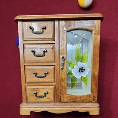Light Brown Vintage Jewelry Box 4 Drawer Floral Stained Glass Necklace Hanger