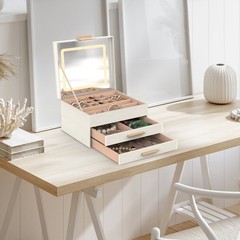 3‑Layer Jewelry Box with LED Mirror – PU Leather Organizer with Drawers for Ring