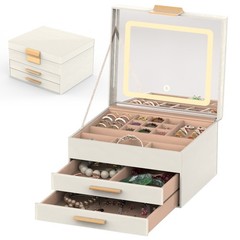 3‑Layer Jewelry Box with LED Mirror – PU Leather Organizer with Drawers for Ring