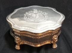 International Silver Coat of Arms Jewelry Box w/ Lion Claw Feet VTG Red Velvet